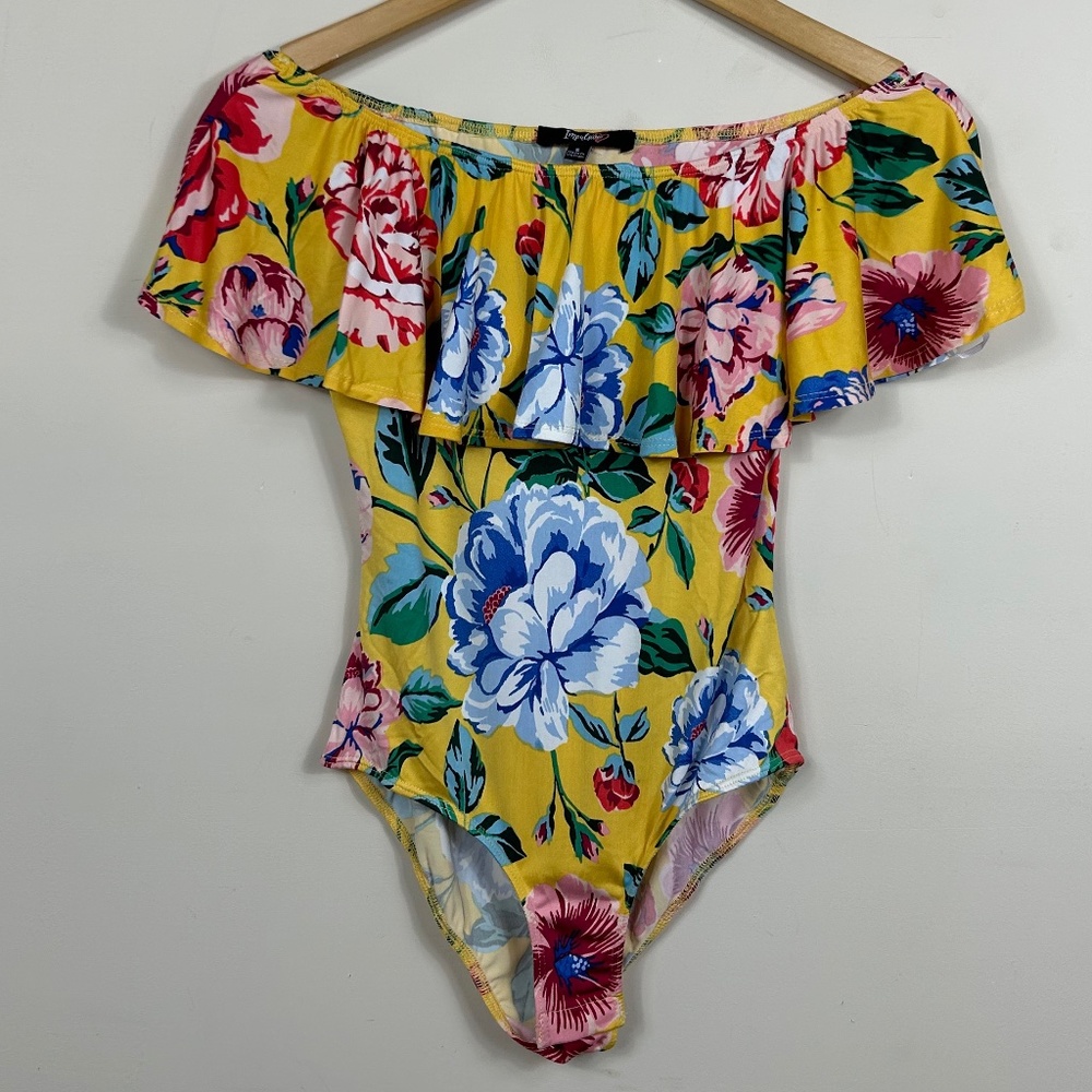 Impulsive Yellow Bodysuit with Flowers and Ruffle size Small